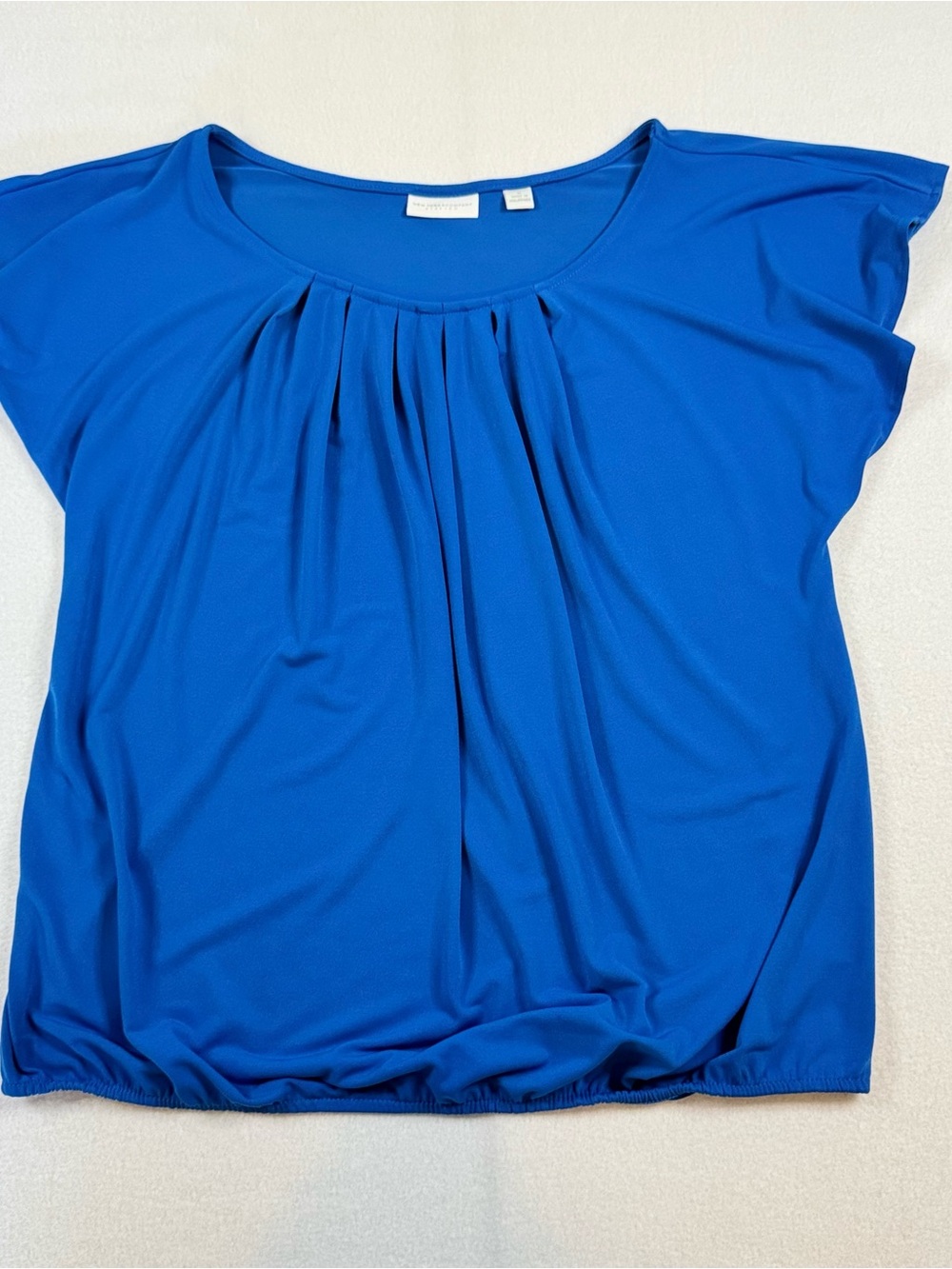 New York & Company Royal Blue Pleated Neck Bubble Hem Blouse Stretch Medium